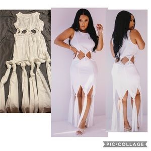 White sleeveless knotted waist maxi dress